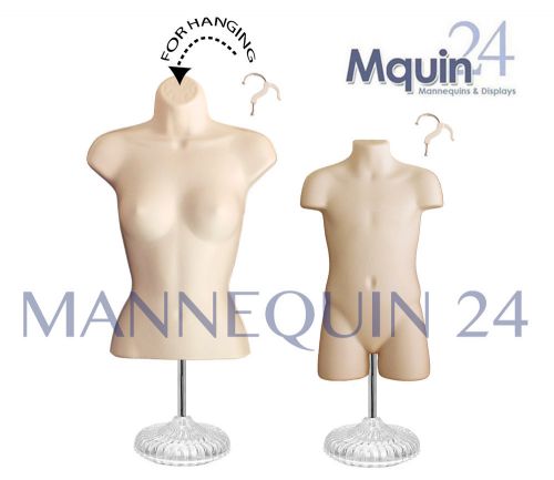 SET OF 2 FLESH MANNEQUINS: FEMALE &amp; CHILD TORSO BODY FORMS +2 STANDS + 2 HANGERS