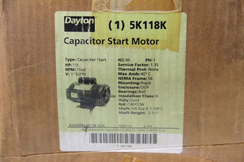 Dayton 5k118k capacitor start industrial motor 1/3 hp 1140rpm 115/230vac for sale