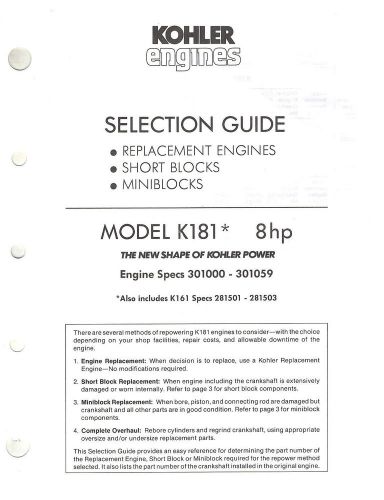 KOHLER K181  REPLACEMENT ENG. SELECTION  GUIDE