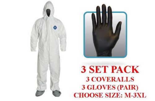 DuPont TY122S Tyvek Coverall, Hood,Boots,Protective Gloves - 3 Set Pack - MD-3XL