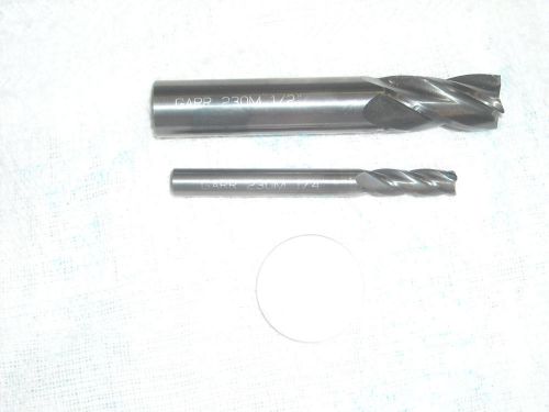 Pair of Garr 230M 4 flute 1/4&#034; &amp; 1/2&#034; carbide end mills