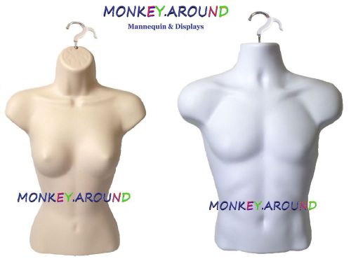 2 Mannequin Male &amp; Female Torso Body Form Flesh White +2 Hook - Display Clothing