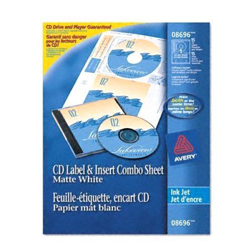Avery 8696 CD/DVD Label/Jewel Case Insert Combo sheets, Ink jet, 20 Labels &amp; ins