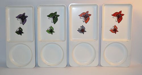 Vintage Set of 4 Hand Painted Butterfly Snack Trays with Cup Holder Hard Plastic