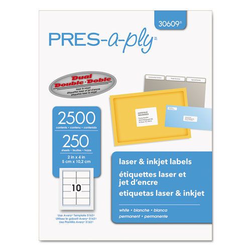 Pres-A-Ply Laser Address Labels, 2 x 4, White, 2500/Box