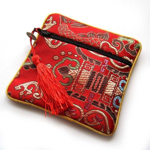 Handcrafted Red Cloth Happy Lucky Fish Design Zipper Jewelry Pouch