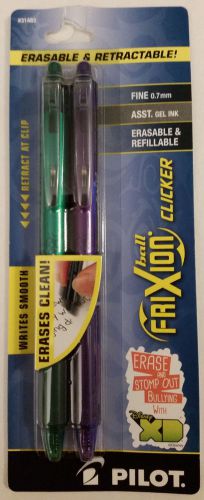 New Pilot FriXion Clicker Erasable Gel Pens, Fine Point, Green &amp; Purple, 2/Pack