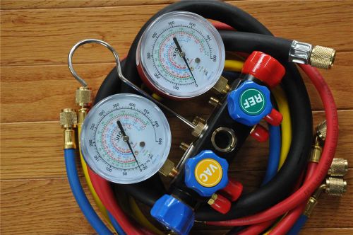 4-way manifold gauge+4-hose set r410a r22+ac/hvac/r charge recovery service tool for sale