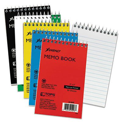 Wirebound Pocket Memo Book, Narrow, 3 x 5, White, 50 Sheets, Sold as 1 Each
