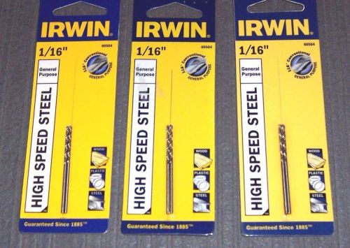 3 ea.2 pack (6 bits) 60504 irwin 1/16&#034; jobber length hss drill bits for sale