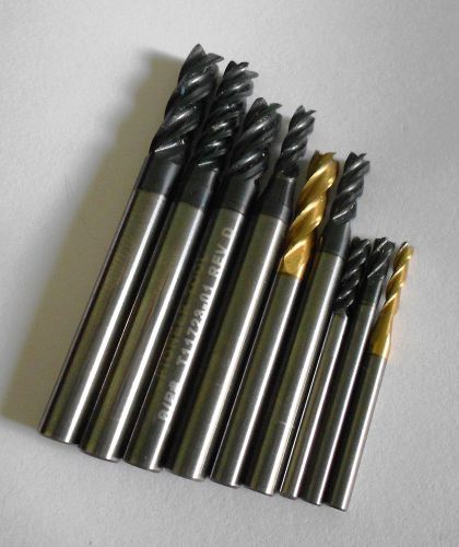 Lot of 9, Carbide End Mills, Kennametal &amp; SGS, 3/32&#034;-1/4&#034; 3,4,5 Flutes