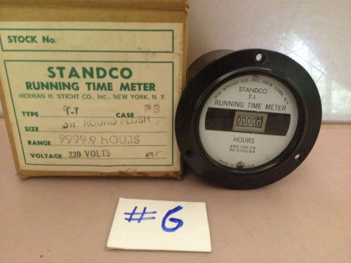 STANDCO T-1 RUNNING TIME METER 3 1/2&#034; ROUND FLUSH 220 V. RANGE 9999.9 HRS.
