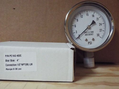 0-30psi 4&#034; all stainless lower mount dry but fillable pressure gauge for sale