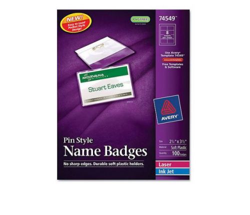 Avery Pin Style Name Badge Holders w/Laser/Inkjet Inserts, 100/Box