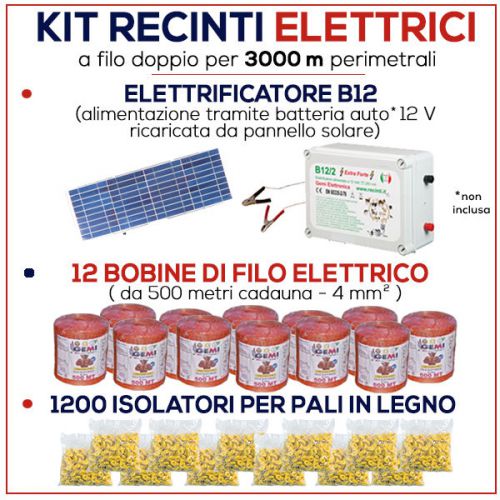 ELECTRIC FENCE KIT for 3000 mt - ENERGIZER B/12 + SOLAR PANEL + WIRE +INSULATORS