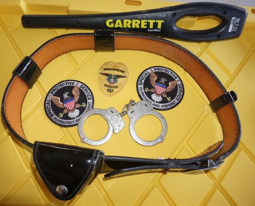 Police security / law enforcement heavy duty leather belt, hancuffs &amp; patches for sale
