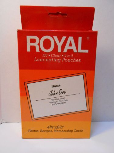 Royal Laminating Pouches 100 Clear 4-3/8&#034; x 6-1/2&#034; PHOTO RECIPE Size NEW NIP