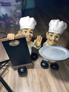 Italian Chef Countertop Figurine W/ Chalkboard And One With Platter Set . Rare