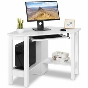 Durable White Wooden Study Computer Corner Home Office Desk w/Drawer-