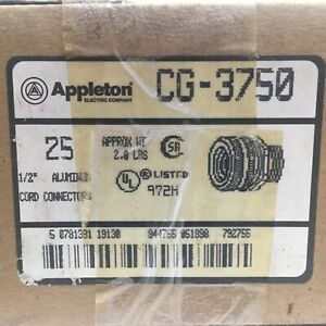 New Sealed Box of 25 Appleton CG-3750 1/2” Cord Connectors New Old Stock