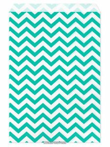 100 Flat Merchandise Paper Bags: 5x7&#034;, Teal Chevron Stripes, Party Bags