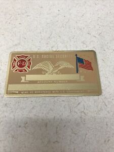 VINTAGE METAL SOCIAL SECURITY CARD (50&#039;s, 60&#039;s) USA Gold Fire Fighters New.  R