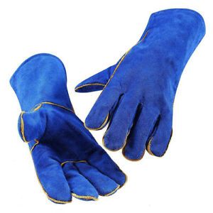 Heavy Duty 14 Inch Blue Welding Gloves Heat Resistant Lined Leather for Welder