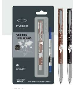PARKER VECTOR TIMECHECK ROLLER BALL PEN WITH STAINLESS STEEL TRIM 2 BODY COLOURS