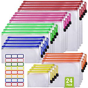 Mesh Zipper Pouches, 24PCS Multisize Plastic Zipper File Folders, Waterproof for