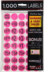 Sunburst Systems 7035 Priced Garage Sale Stickers, 1,000 Count Pre-Printed Pink
