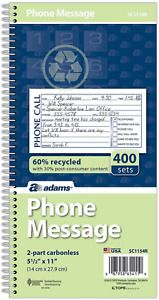 Adams Recycled Phone Message Book, 2-Part Carbonless, 4 Messages per Page, 400 S