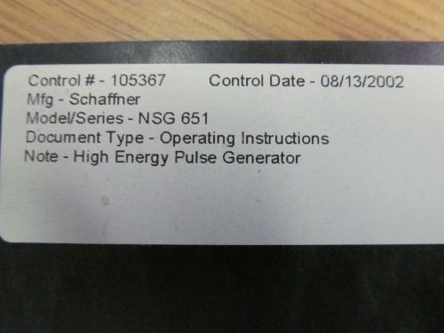 Schaffner NSG 651 High Energy Pulse Generator Operating Instructions