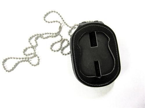 Strong leather 81137-0852 black badge holder/case recessed clip-on w/ chain for sale