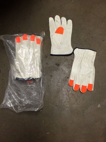 5 PAIRS 100% LEATHER INDUSTRIAL WORK GLOVES NEON ORANGE TIP SIZE LARGE.