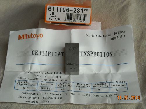 MITUTOYO .60&#034; Rectangular Gage Gauge Block 611196-231 w/certificate inspection