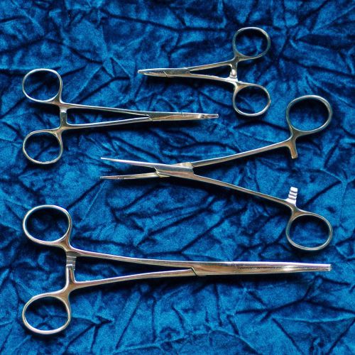 Hemostats / locking forceps 4 piece curved set 3-1/2&#034; - 8&#034; stainless steel new for sale
