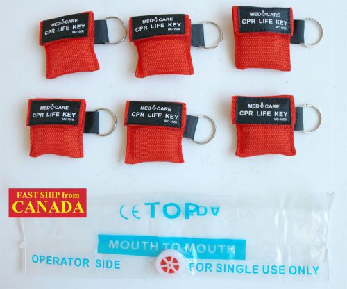 6PCS CPR MASK FACE SHIELD in POUCH w/ KEY CHAIN, 1-way Valve, 2&#034; x 2&#034;, RED