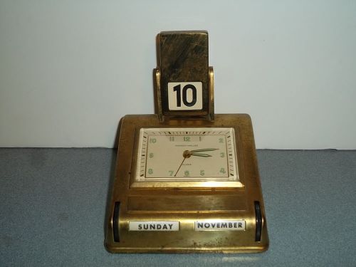 VINTAGE METAL DESK CALENDAR/CLOCK - Phinney - Walker Brass Alarm Clock (lot2c)