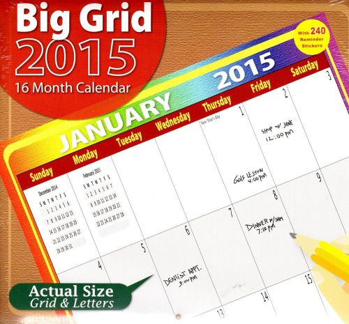 Big Grid - 2015 16 Month WALL CALENDAR with 240 Stickers - 12x11