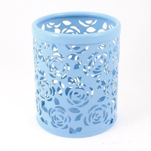 Light blue hollow rose flower pattern metal pen pencil pot holder organizer for sale