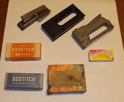 Vintage Lot of One Bostitch &amp; Two Swingline Staplers with Four Boxes of Staples
