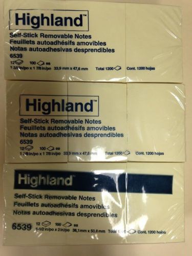 Lot of 3 12-Packs Highland 6539 Self-Stick Notes 1.5x2 Yellow (3600 Notes Total)