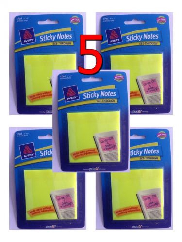 Post It  Avery 22585 Sticky Notes See-Through, 3&#034;x3&#034;, 50/pack - 5 Packs - NEW!