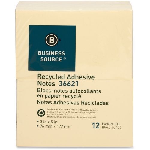 Business Source Adhesive Note - Removable - 3&#034;x5&#034; - Yellow - 12/Pack - BSN36621