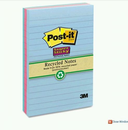 Post-it Recycled Super Sticky 4&#034; x 6&#034; Notes Tropical Colors, 3/pk