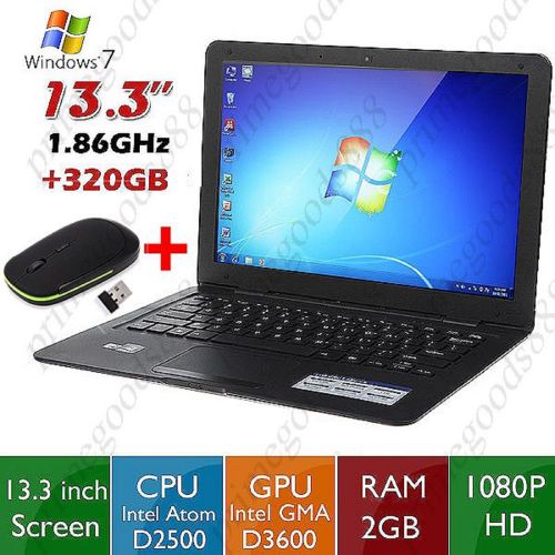 13.3&#034; Windows 7 Ultimate OS 320GB Notebook Laptop CPU Intel Atom D2500 2.4GHz