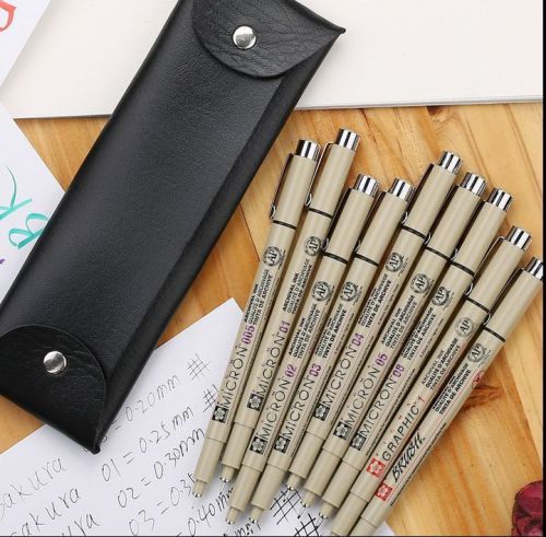 Sakura pens 005-08 stroke sketch hook line fine pen 8 piece + 1 br + pen case for sale