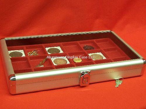 14 x 8 x 2&#034; aluminum display case w 18 sq red  insert for sale