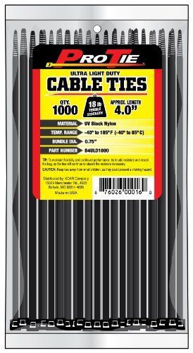 Pro tie b4uld1000 4-inch ultra light duty standard cable tie  uv black nylon  10 for sale