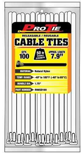 Pro Tie RN8SD100 7.9-Inch Releasable Standard Duty Cable Tie  Natural Nylon  100